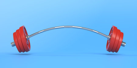 Metal barbell bent to both sides because of very heavy weights added on it on a blue background. physical training. Gym routine. body and health. 3d renderingの写真素材