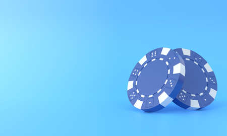 Blue poker chips on a blue background with copy space. Creative minimal sport and gambling concept. casino concept. 3d rendering 3d illustrationの写真素材