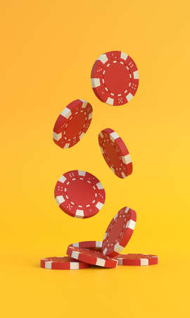 Lots of red poker chips falling down on a yellow background with copy space. Creative minimal sport and gambling concept. casino concept. 3d renderingの写真素材