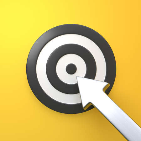 Red and black target with an arrow on a yellow background. 3d renderingの写真素材