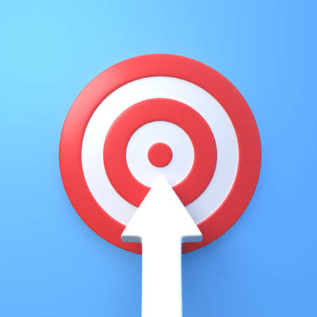 Red and white target with an arrow on a blue background. 3d renderingの写真素材