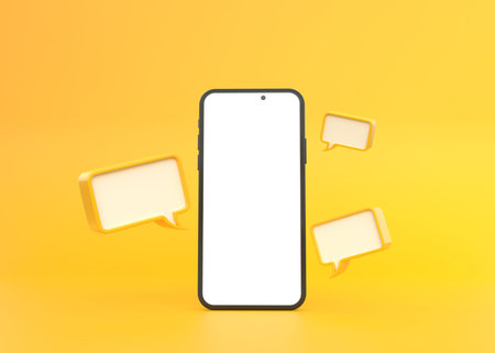 Chat bubbles and smartphone isolated on a yellow background. Speech bubble icon. comment symbol....