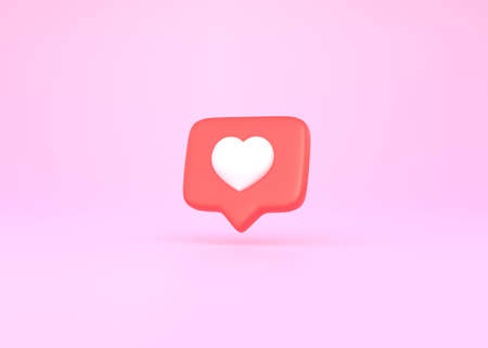 Heart in speech bubble icon on a pink background. Love like heart social media notification icon. Emoji, chat and Social Network. 3d rendering, 3d illustrationの写真素材