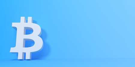 Symbol bitcoin on a blue background. money sign. minimal creative concept. 3d rendering 3d...