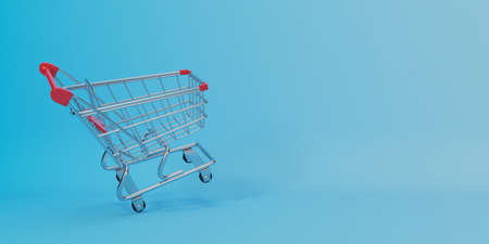 Golden shopping cart on blue background. 3d rendering, 3d illustrationの写真素材