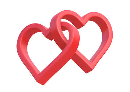 Two hearts connected to each other isolated on a white background. 3d rendering, 3d illustrationの写真素材