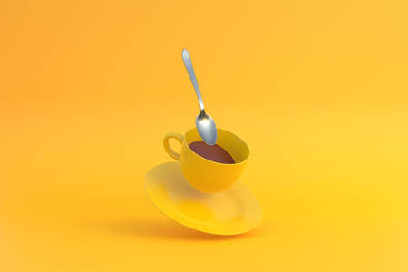 Levitation of Cup of Coffee with a spoon. White mug flying on the air on bright yellow background. minimal concept. 3D renderingの写真素材