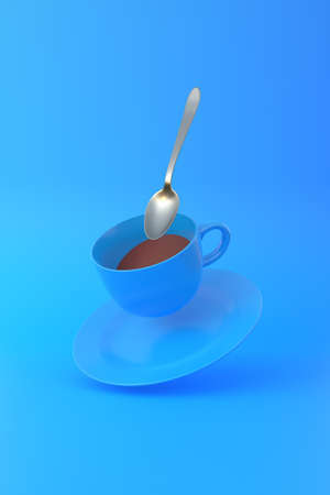 Levitation of Cup of Coffee with a spoon. White mug flying on the air on bright blue background. minimal concept. 3D renderingの写真素材