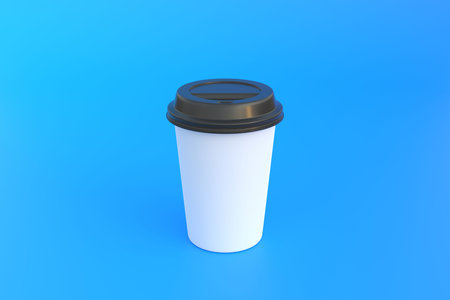 Disposable paper coffee cup with black lid on blue background. minimal concept. 3D Renderingの写真素材