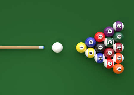A group of colorful glossy billiard balls with numbers and a cue stick on a green pool table. Pool ball set. 3d rendering 3d illustrationの写真素材