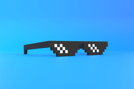 Meme pixel glasses on a blue background. minimalist concept. 3D rendering