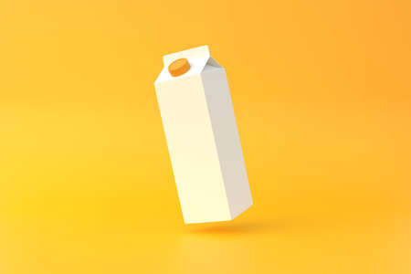 Falling milk carton pack on a yellow background. Dairy products concept. mockup template. 3d rendering 3d illustrationの写真素材