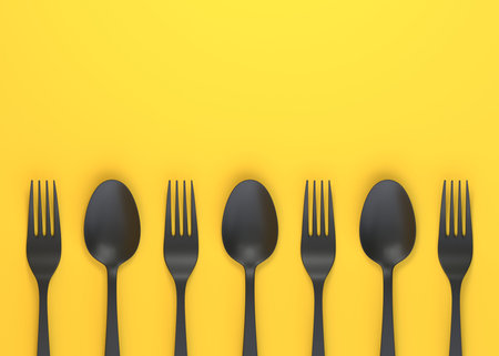 Fork and spoon on yellow background. top view. Home kitchen tools and accessories for cooking. 3d...