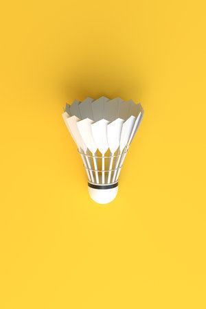 Shuttlecock on yellow background. 3d rendering illustrationの写真素材