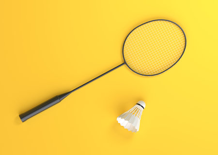 Badminton racket and shuttlecock on yellow background. top view. 3d rendering illustrationの写真素材