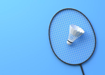 Badminton racket and shuttlecock on blue background. top view. 3d rendering illustrationの写真素材