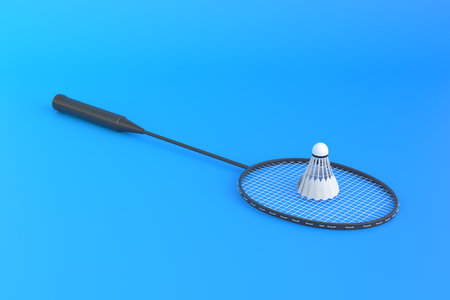 Badminton racket and shuttlecock on blue background. 3d rendering illustrationの写真素材