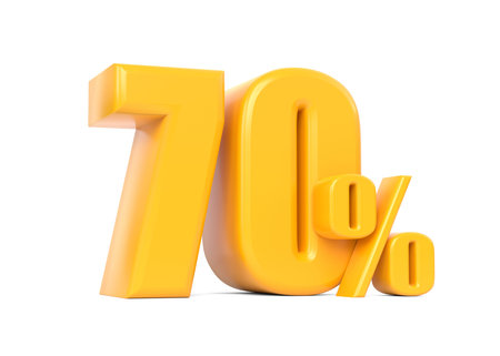 Glossy yellow seventy percent sign isolated on white background. 70% off sale. 3d rendering...