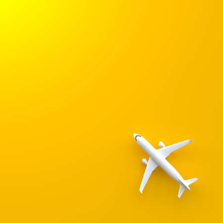 Airplane on a yellow background with copy space. Minimal style design. top view. 3d rendering illustrationの写真素材
