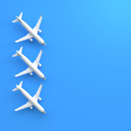 Airplanes on a blue background with copy space. Minimal style design. 3d rendering illustrationの写真素材
