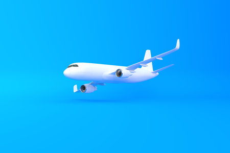 Airplane on a blue background with copy space. Minimal style design. 3d rendering illustrationの写真素材