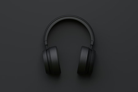 Wireless headphones on a black background. top view. 3d rendering illustrationの写真素材
