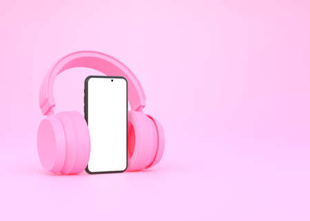 Wireless headphones with smartphone on a pink background. Concept for online music, radio, listening to podcasts, books. 3d rendering illustrationの写真素材