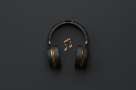 Wireless headphones with music note on a black background. top view. 3d rendering illustrationの写真素材