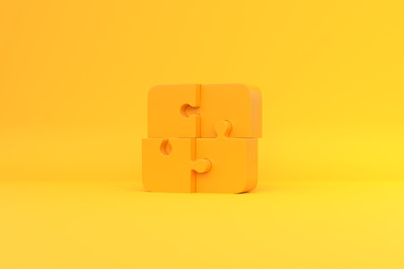 United four puzzles on a yellow background. 3d rendering illustrationの写真素材