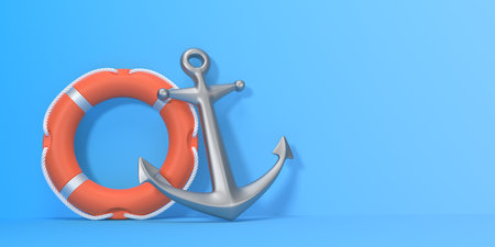 Anchor and lifebuoy on a blue background. 3d rendering illustrationの写真素材
