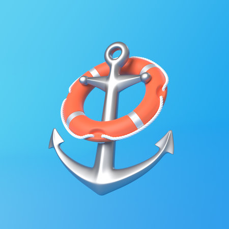 Anchor and lifebuoy on a blue background. 3d rendering illustrationの写真素材