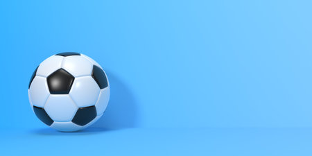 Soccer ball on a blue background with copy space. 3d rendering illustrationの写真素材