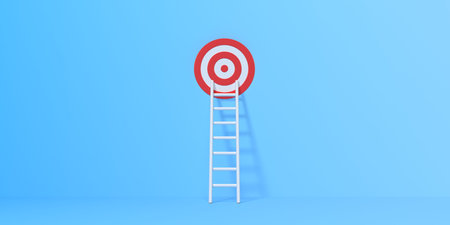 Step ladder and target on a blue wall with copy space. 3d renderingの写真素材