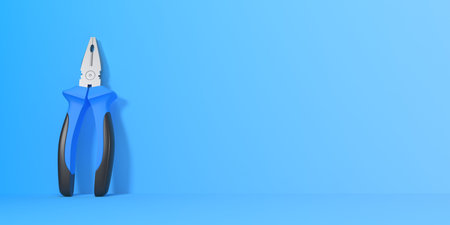 Pliers on a blue background with copy space. front view. minimal creative concept. 3d rendering...