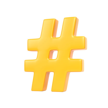 Yellow hashtag symbol isolated on a white background. 3d rendering illustration