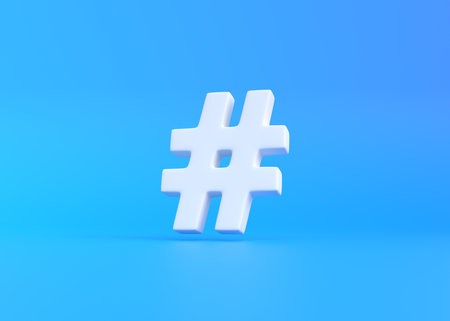 White hashtag symbol on a blue background. minimal creative concept. front view. 3d rendering illustrationの写真素材