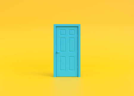 Closed blue door in yellow background room. architectural design element. minimal creative concept....