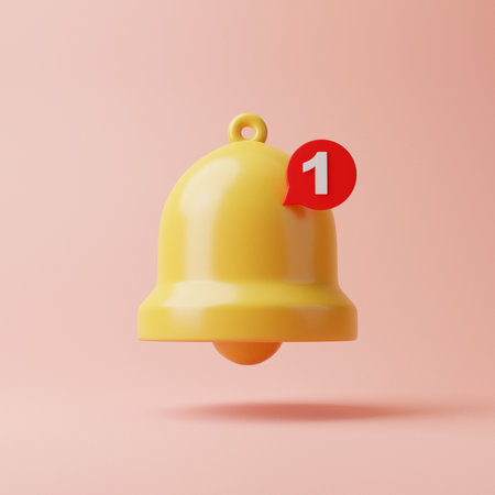 Notification bell on a pink background. Icon in cartoon design. 3D rendering illustrationの写真素材