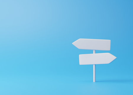 White direction sign on a blue background in pastel colors. Minimal creative concept. 3d renderingの写真素材