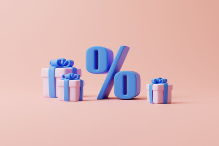 Gift boxes and percent sign on pastel pink background. holiday decoration. Festive gift surprise. Minimalist creative concept. 3d rendering illustrationの写真素材