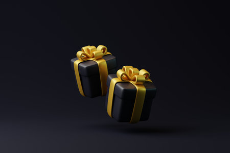 Gift boxes fly on a black background. holiday decoration. Festive gift surprise. Minimalist creative...