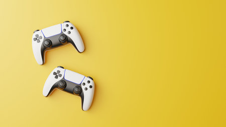 Gamepad on a yellow background with copy space. Joystick for video game. game controller. Creative Minimal Gaming concept. top view. 3D rendering illustrationの写真素材