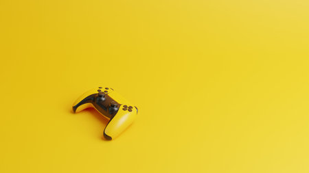 Flying gamepad on a yellow background with copy space. Joystick for video game. game controller....