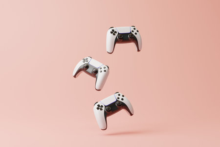 Flying gamepad on a pink background with copy space. Joystick for video game. game controller. Creative Minimal Gaming concept. front view. 3D rendering illustrationの写真素材