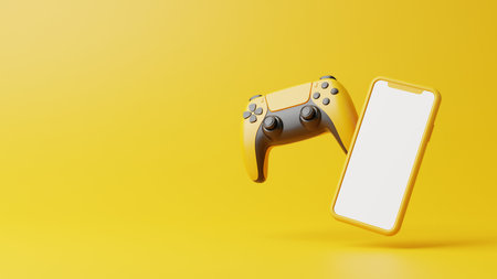 Flying gamepad and phone on a yellow background with copy space. Joystick for video game. game controller. Creative Minimal Gaming concept. front view. 3D rendering illustrationの写真素材