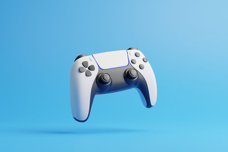 Flying gamepad on a blue background with copy space. Joystick for video game. game controller....
