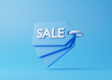 Price tag, label, discount coupon with inscription sale on blue background. 3D rendering illustrationの写真素材