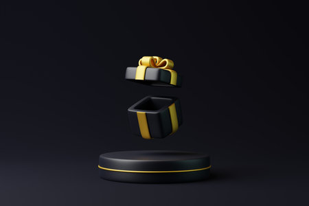 Gift box fly on a black background. holiday decoration. Festive gift surprise. Minimalist creative concept. 3d rendering illustrationの写真素材