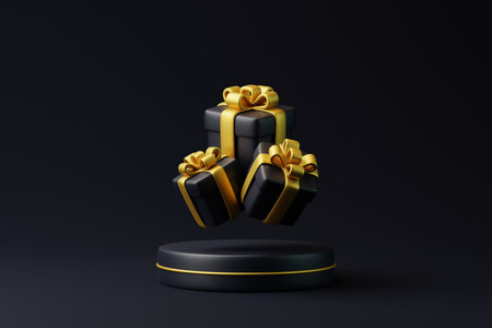Gift boxes fly on a black background. holiday decoration. Festive gift surprise. Minimalist creative concept. 3d rendering illustrationの写真素材