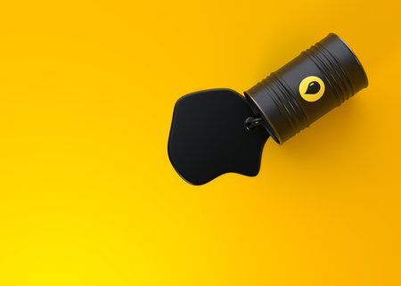 Black Barrel of pouring Oil on a yellow background. 3D rendering illustrationの写真素材